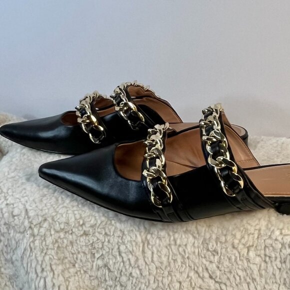 Linea Paolo Aurel Mules | Black Pointed Toe Flats w/ Double Chain | Size 8.5 - Picture 5 of 16